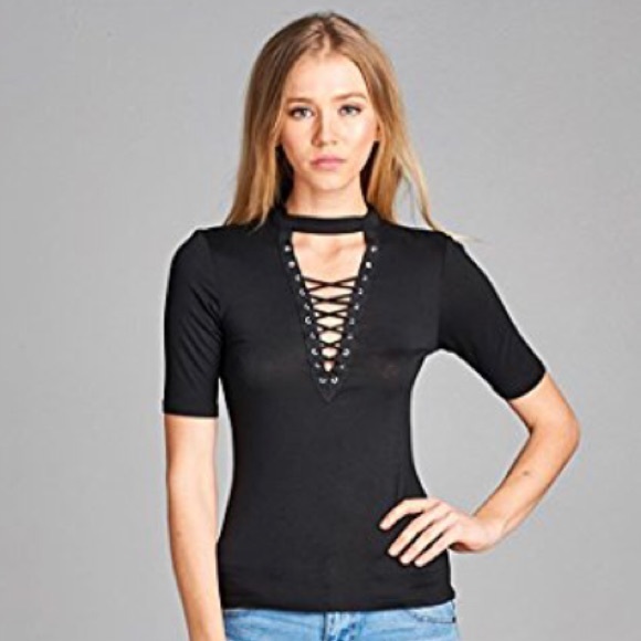 Black Lace Up Choker Soft Shirt - Picture 4 of 4